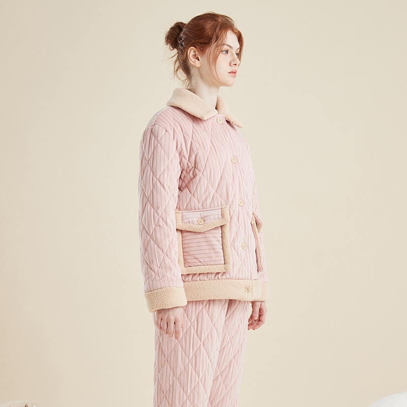 加厚新款特厚三层夹棉睡衣女长袖加绒套装秋冬保暖家居服省服外穿