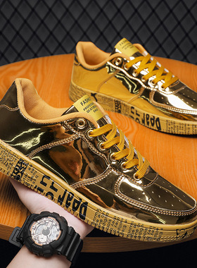 大码45金色亮面男鞋土豪金46防水皮面婚礼鞋子38码47结婚情侣板鞋