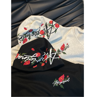 美式高街玫瑰花字母刺绣连帽卫衣男款秋冬季重磅纯棉学生潮牌外套