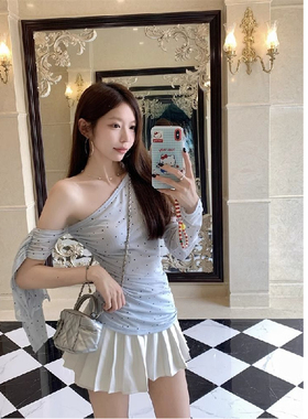 OKMA SHOP 纯欲斜肩上衣女夏季设计感气质露肩蓝色波点一字肩t恤