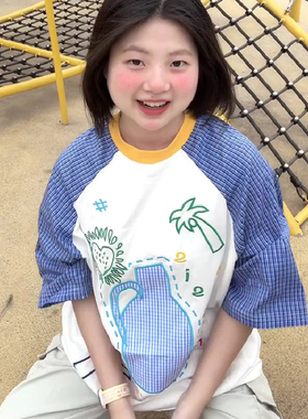 Sanowers童趣印花甜美插肩袖撞色短袖T恤女夏季宽松慵懒百搭上衣