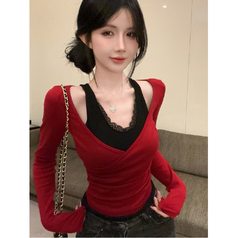 蕾丝假两件打底衫女秋冬季2025新款红色内搭短款V领纯欲长袖上衣