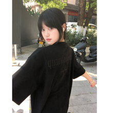 国潮牌美式高街刺绣字母设计感t恤女夏季短袖情侣装黑色正肩上衣
