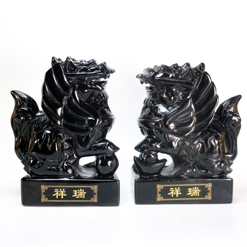 【祥瑞麒麟】吉祥圣堂黑曜石一对麒麟摆件家中客厅玄关客厅卧室