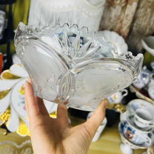 欧洲中古水晶美器 直播拍下8.8折 切割花纹椭圆水晶果盘