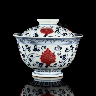 衍古堂制《二才盖碗·青花釉里红缠枝莲》，140毫升，全手绘