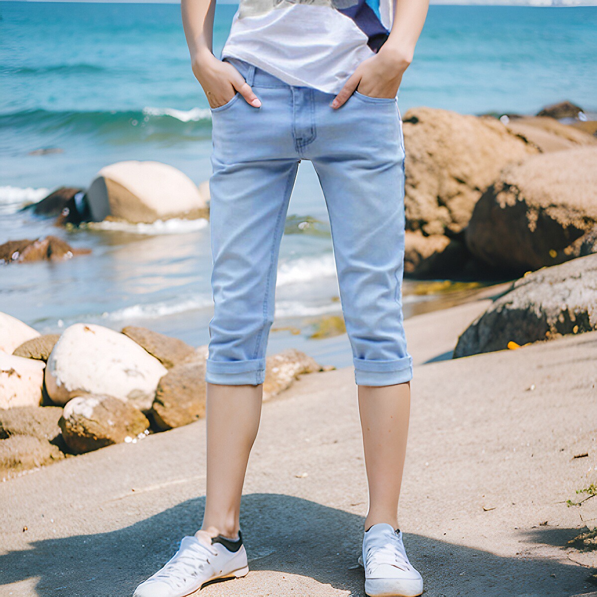 牛仔夏季浅蓝色情侣潮男七分裤