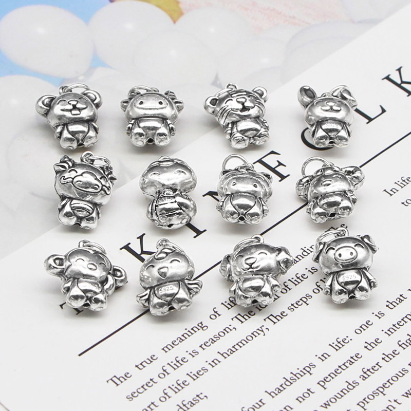925纯银diy配件十二生肖可爱小吊坠手链本命红绳串珠配饰卡通萌版