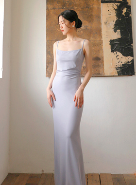 TANSSHOP 宽肩版吊带长裙 性感辣妹腰部捏褶修身针织包臀连衣裙女