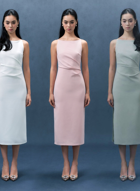 TANSSHOP 赫本风无袖连衣裙女气质方领修身中长裙侧开衩纯色礼服