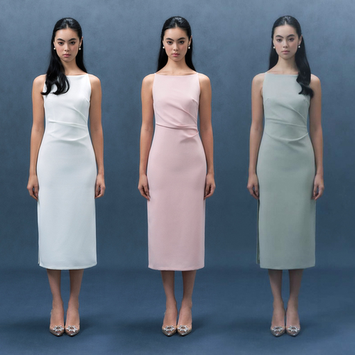 气质方领修身中长裙侧开衩礼服