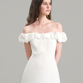 TANSSHOP白色小礼服裙褶皱露肩一字领松紧修身 显瘦两种长度连衣裙