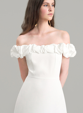 TANSSHOP白色小礼服裙褶皱露肩一字领松紧修身显瘦两种长度连衣裙