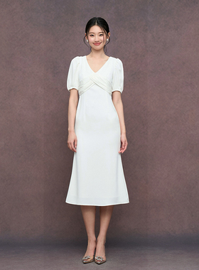 TANSSHOP 褶皱拼接V领小白裙 短袖鱼尾中长款连衣裙领证白色裙