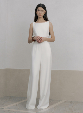 TANSSHOP赫本风白色连体长裤 设计感简约收腰阔腿裤连身裤 双版本