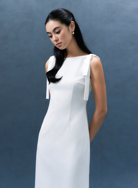 TANSSHOP 简约蝴蝶结装饰无袖连衣裙高级感白色长裙气质显瘦礼服