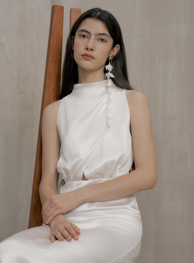 TANSSHOP半高领白裙轻婚纱醋酸缎面交叠不对称收腰鱼尾长裙礼服裙