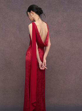 TANSSHOP 新国风提花连衣裙 雪纺飘带露背晨袍晚礼服红色轻礼服裙