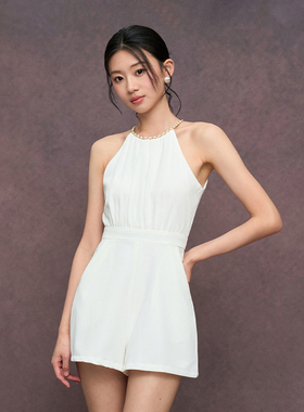 TANSSHOP白色版！链条挂脖连体裤褶皱修身无袖有口袋短裤阔腿裤