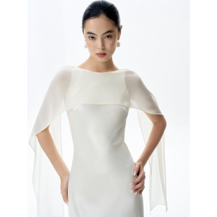 TANSSHOP新中式温柔风缎面披肩连衣裙女深V露背长裙订婚晚宴礼服