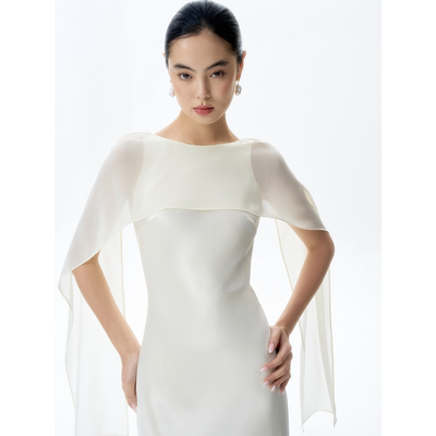 TANSSHOP新中式温柔风缎面披肩连衣裙女深V露背长裙订婚晚宴礼服