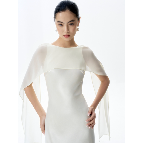 TANSSHOP新中式温柔风缎面披肩连衣裙女深V露背长裙订婚晚宴礼服