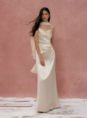 TANSSHOP带飘带缎面礼服吊带长裙褶皱设计简约鱼尾醋酸鱼尾礼服裙
