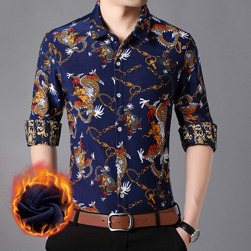 九五狼冬季长袖衬衫男士加厚加绒碎花龙纹图案大码爸爸装印花衬衣