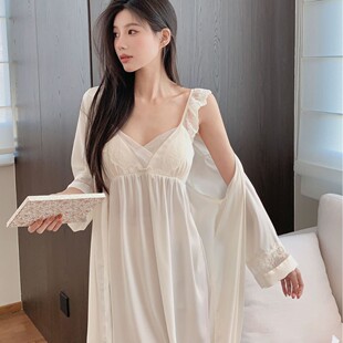 醋酸睡袍女士春夏季新款冰丝睡衣女吊带性感睡裙丝质睡袍两件套