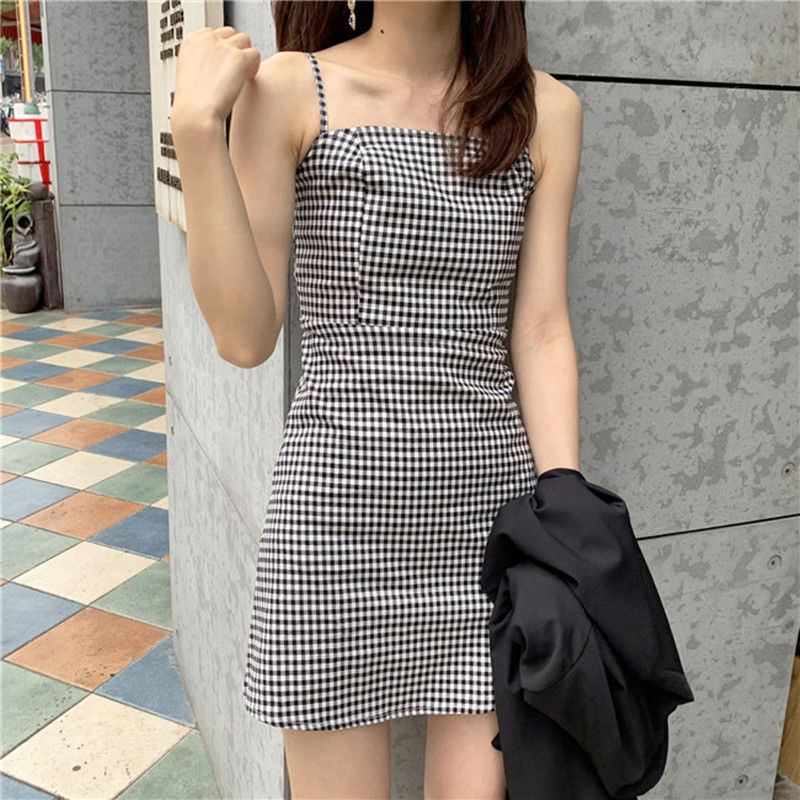 Net red anchor on camera dress female summer European and American style suspender bra slim Plaid Dress