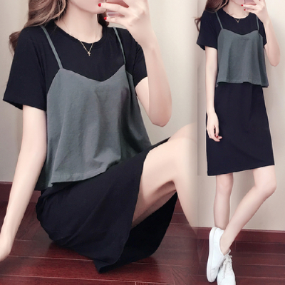 Summer new fashion temperament fake two piece Pullover dress loose waist mid length skirt