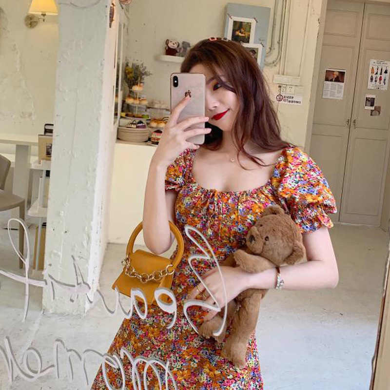 New year's large women's dress light mature style Platycodon grandiflorum French square collar floral dress women's summer dress small man