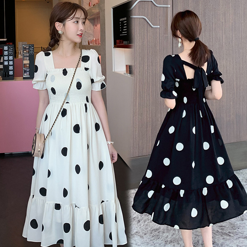 New style in summer: Slim square neck, bubble sleeve, high waist, long skirt, Polka Dot Dress