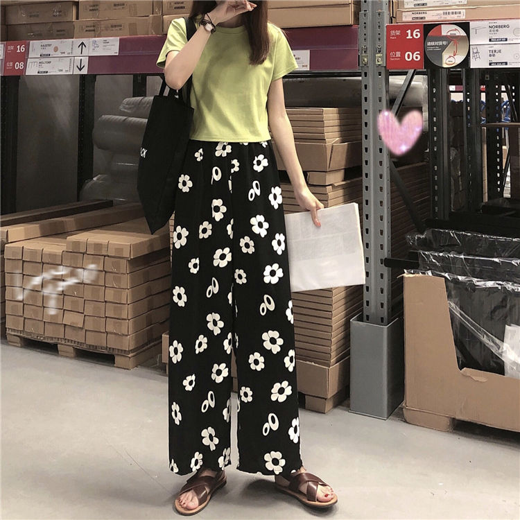 Small daisy elegant hip hop wide leg pants women's summer new Harajuku style loose straight high waist leisure Korean version