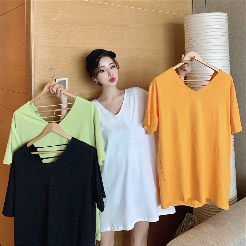 Fire watch out small crowd open back loose short sleeve lower garment missing medium long t-shirt female butter fruit green top