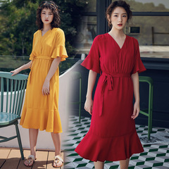 Dress new summer versatile loose simple fresh cross color elegant sweet short sleeve skirt recommended