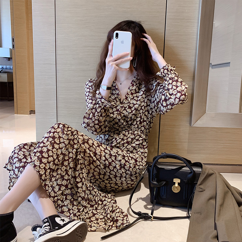 Small floral skirt women's autumn dress waist slim Floral Chiffon Dress French Platycodon skirt