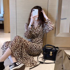 Small floral skirt women's autumn dress waist slim Floral Chiffon Dress French Platycodon skirt