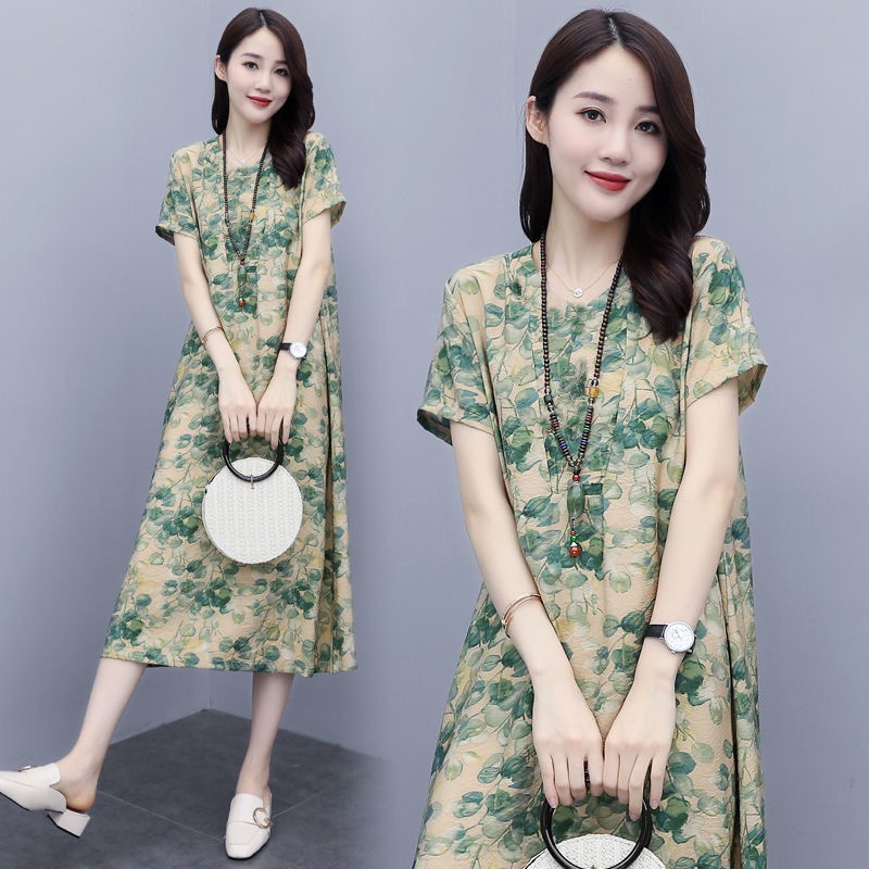 Ice silk dress women's summer new Korean casual loose print large retro knee length skirt