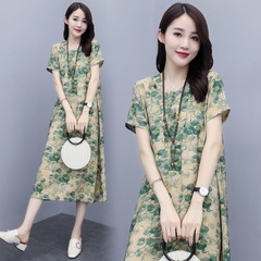 Ice silk dress women's summer new Korean casual loose print large retro knee length skirt