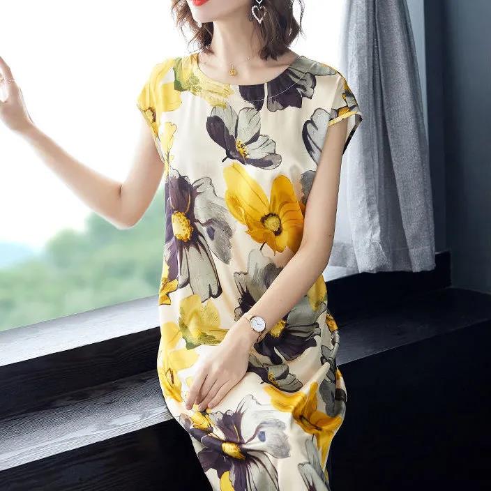 Ice silk fabric silk heavy silk dress women's fashion brand belly covered mulberry silk skirt medium length