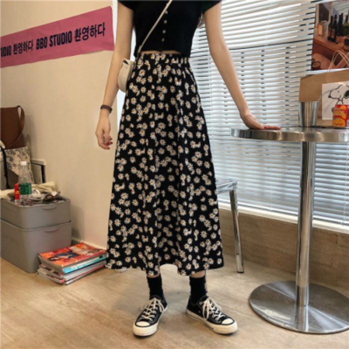 小雛菊高腰半身裙女新款學生夏季韓版字百搭顯瘦裙子鄒菊