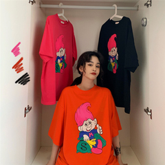 Real time cartoon print bottomed Shirt New relaxed foreign style top medium length T-shirt
