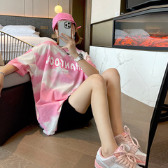 牛奶絲官圖韓版雲朵港風短袖恤女寬鬆學生上衣中長款