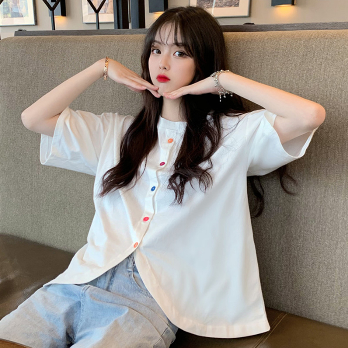 Summer Korean top retro elegant style loose versatile split short sleeve t-shirt female student
