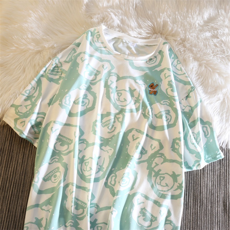 Real shooting summer Korean loose full print bear print short sleeve T-shirt for female students