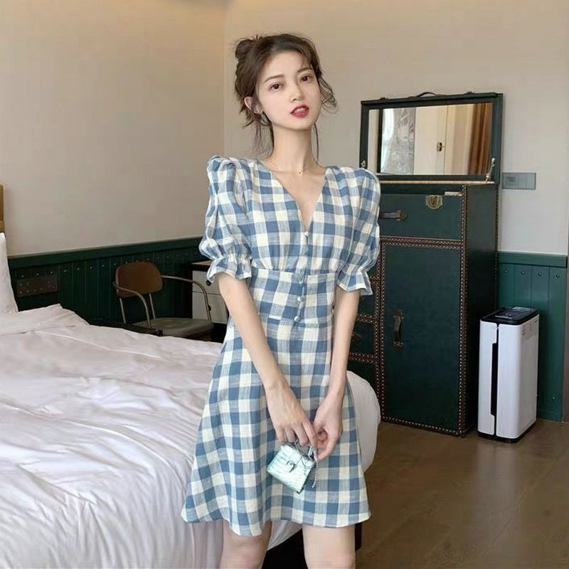 Skirt mid summer long plaid skirt with foam sleeve original style dress retro Hong Kong Style