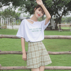 實拍大碼寬鬆鏤空字母印花半袖學生時尚上衣棉