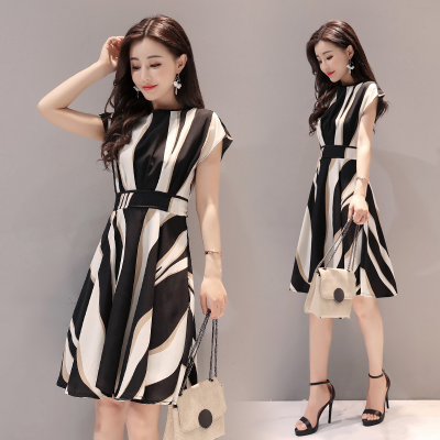 Mid long skirt Short Sleeve Striped Dress summer new women's slim temperament
