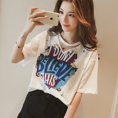 Super fire short sleeve women's new collar clothes loose T-shirt net red neck Korean fashion T-shirt